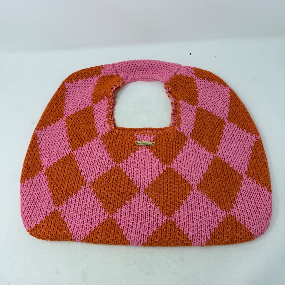 Kopari Pink Orange Checkered Knit Tote Bag Harlequin Pattern Top Handle Bag - Picture 9 of 9
